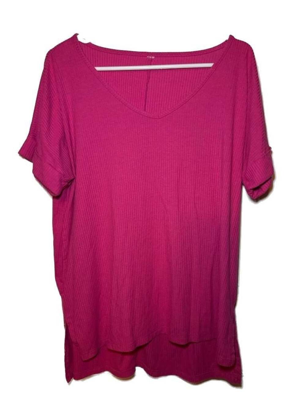 Women's Ribbed V-Neck Short Sleeve Hi-Low Top